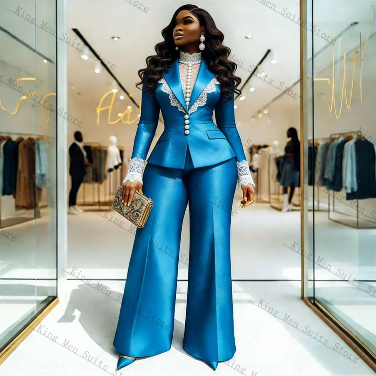 Women'S Formal Wear Wedding - Blue Satin Lace Women Suit Set