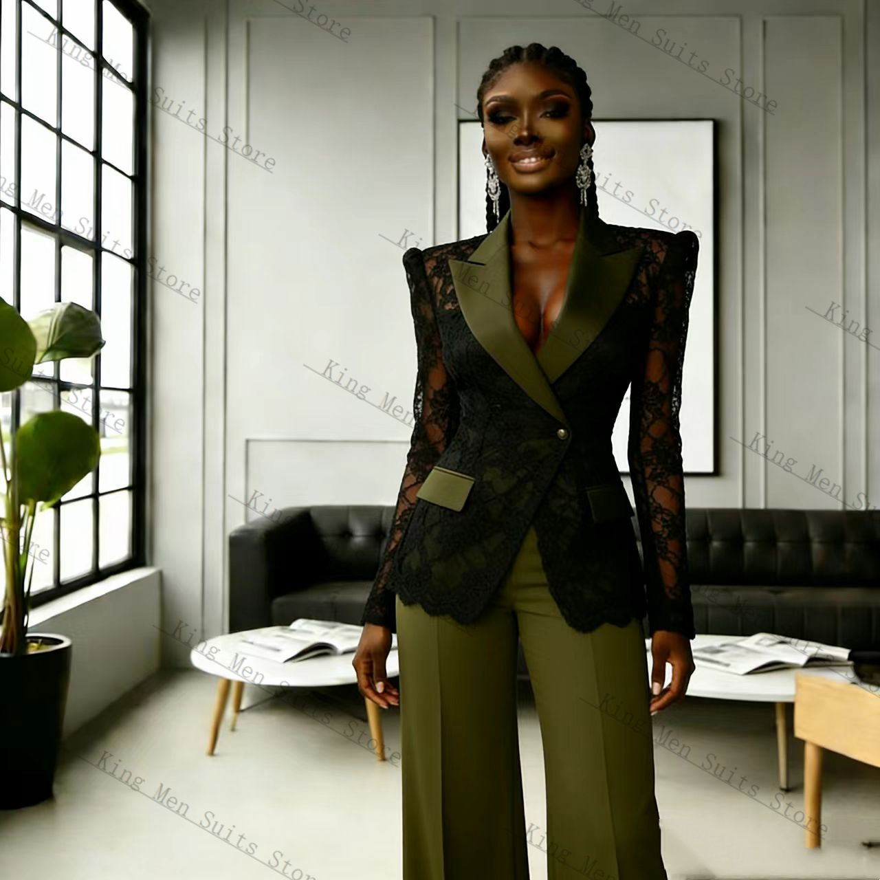 Women'S Formal Wear Pants Suit - Green Black Lace Women Suit Set