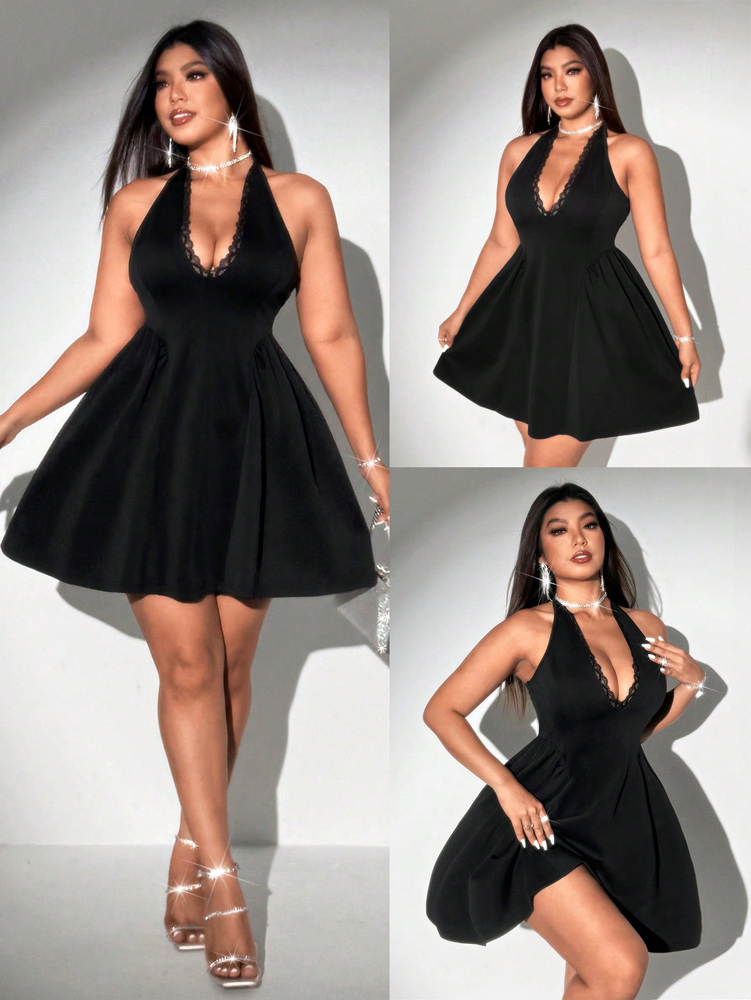 Shift Dress Sleeveless - Plus Size Women Halter Black Mini