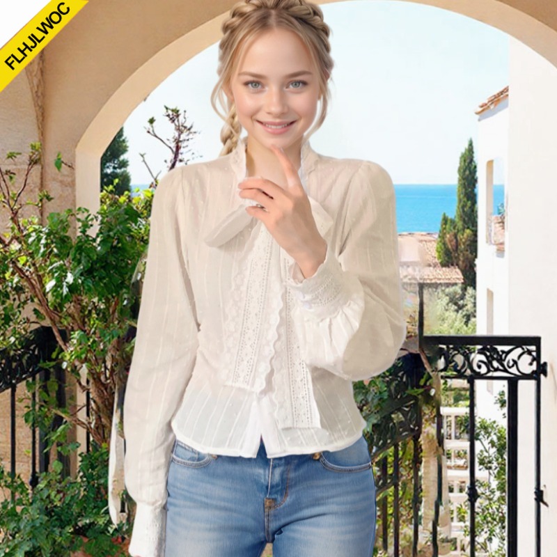 Retro Vintage Lace Bow Tie Top - Women Formal Wear White Shirt ulasan dan harga