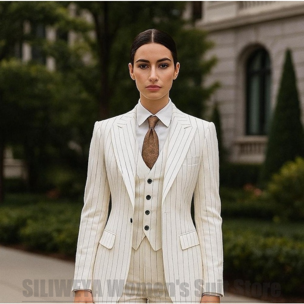 White Striped Women Suit 3 Pie - Women Formal Wear White Shirt ulasan dan harga