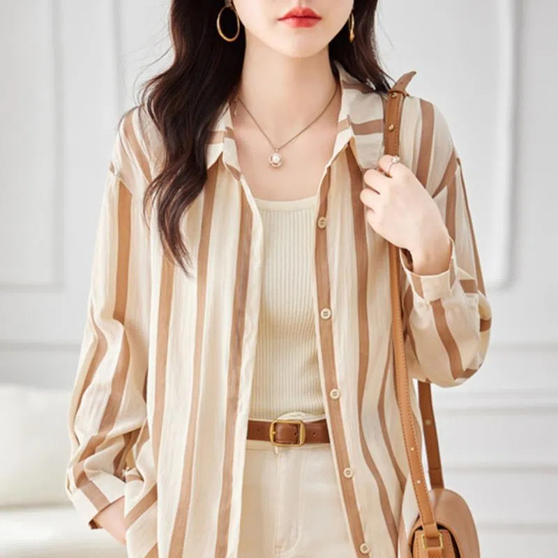 Apricot Striped Long Sleeved S - Women'S Formal Evening Wear Tops ulasan dan harga