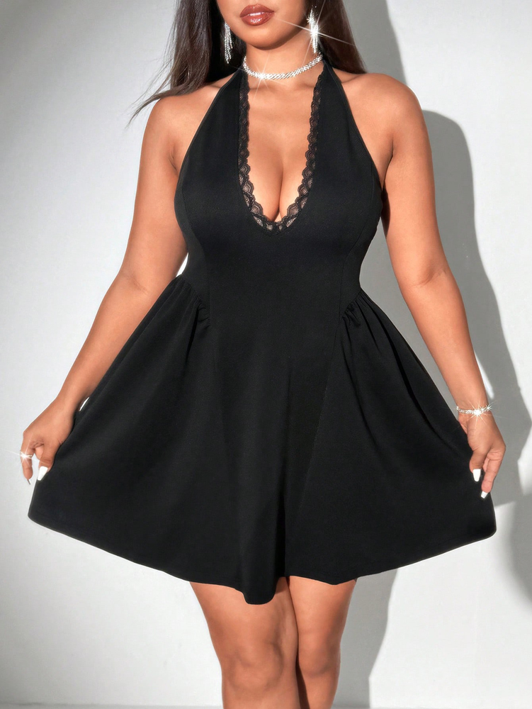Plus Size Women Halter Black M - Shift Dress Sleeveless ulasan dan harga